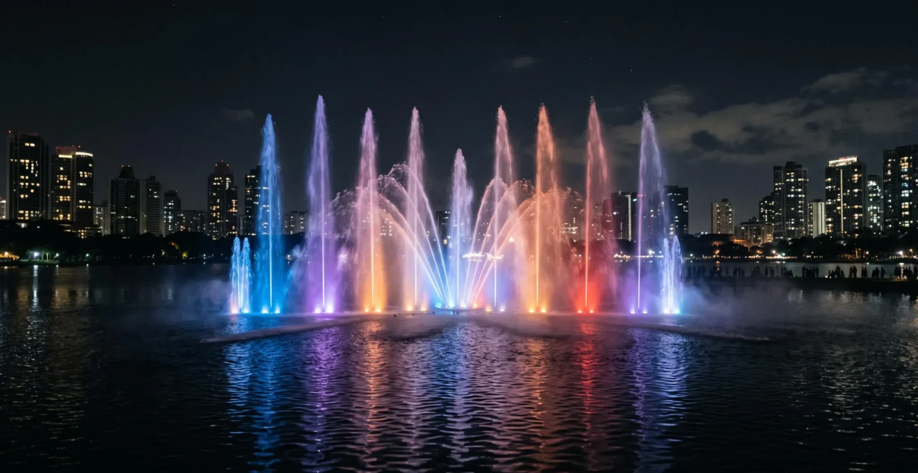 Spectacle nocturne de jets d'eau chorégraphiés illuminés en couleurs sur un grand bassin urbain
