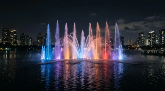 Spectacle nocturne de jets d'eau chorégraphiés illuminés en couleurs sur un grand bassin urbain