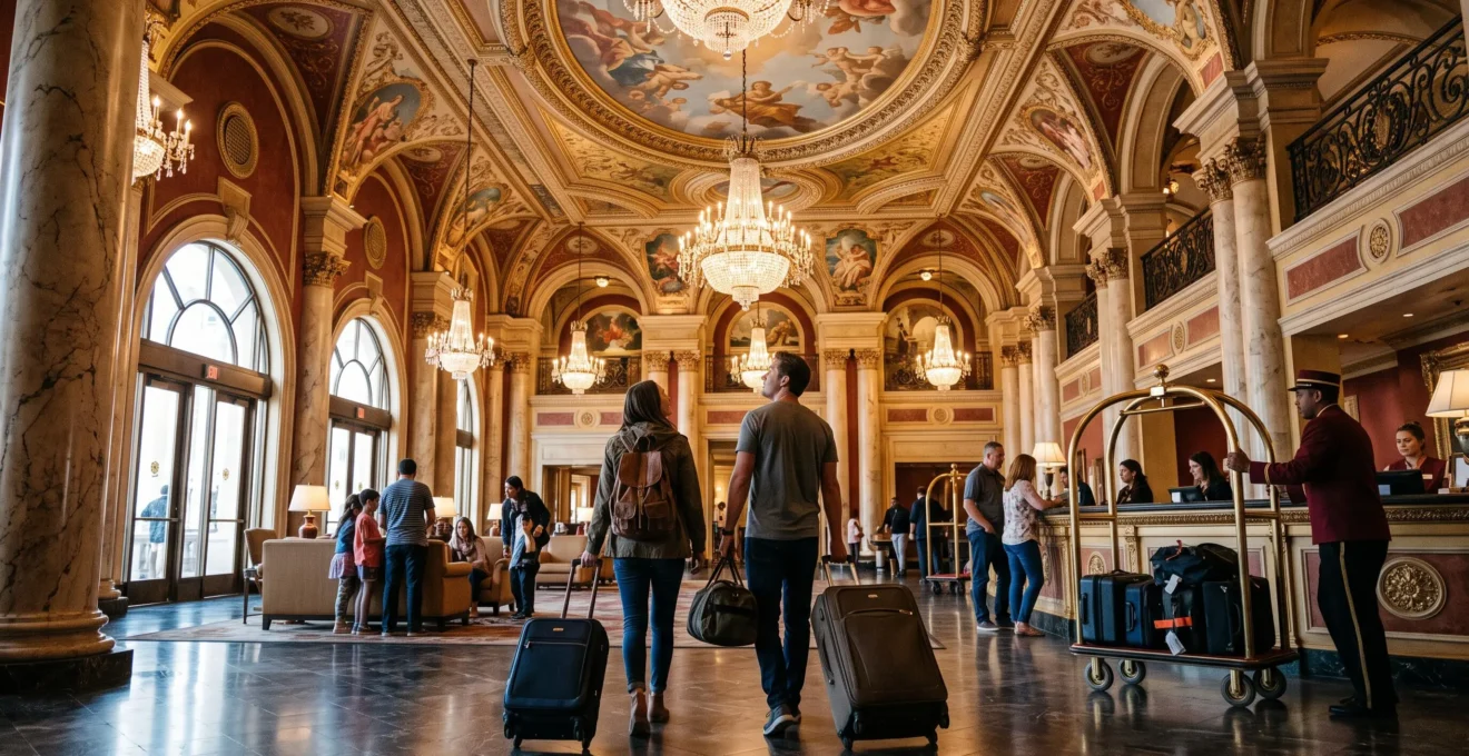 Un couple avec valises traverse le grand hall orné d'un hôtel à thème de Las Vegas en levant les yeux vers le plafond décoré.