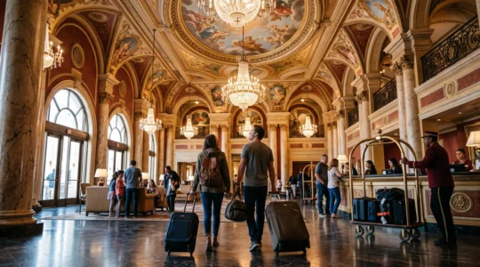 Un couple avec valises traverse le grand hall orné d'un hôtel à thème de Las Vegas en levant les yeux vers le plafond décoré.