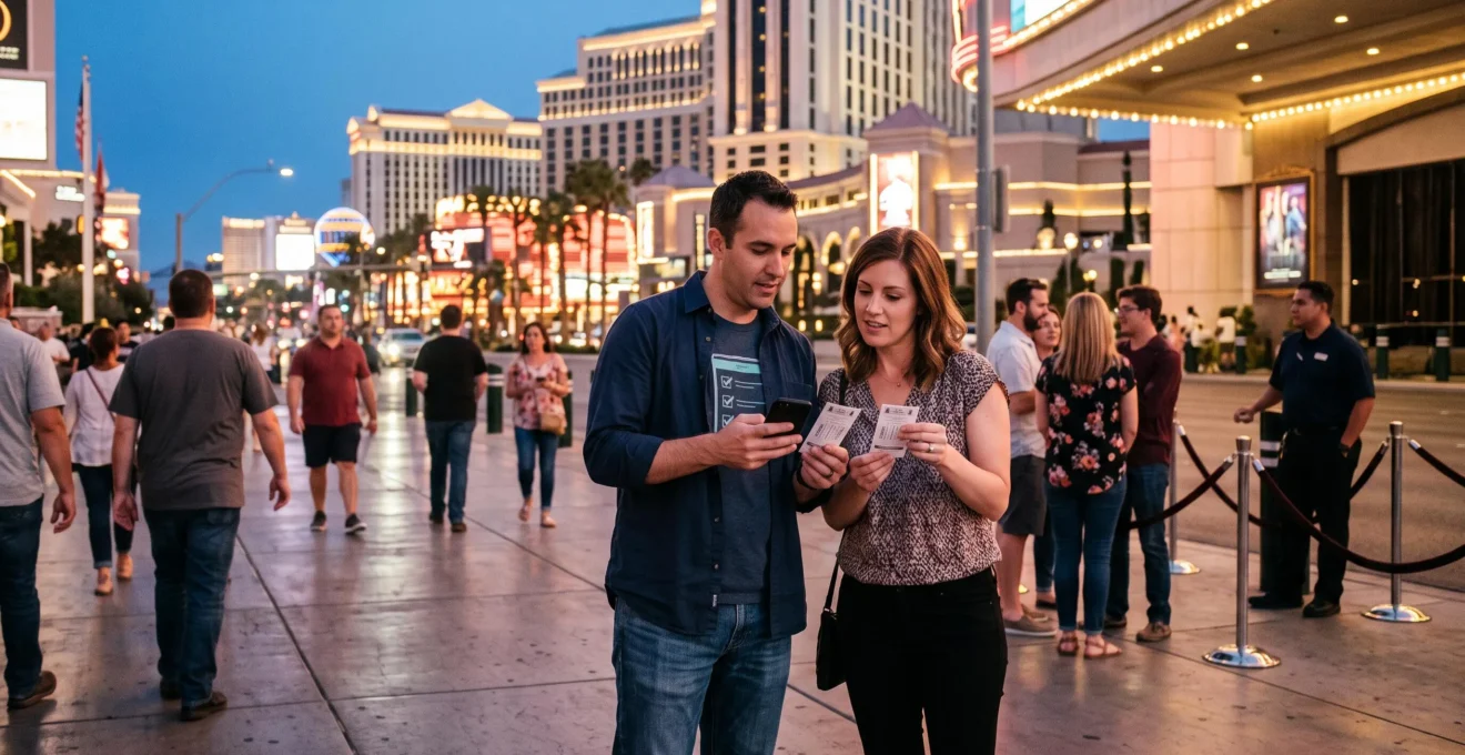 Un couple compare ses billets de spectacle et son téléphone sur un boulevard de casinos illuminés en début de soirée.