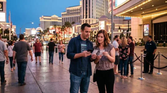 Un couple compare ses billets de spectacle et son téléphone sur un boulevard de casinos illuminés en début de soirée.