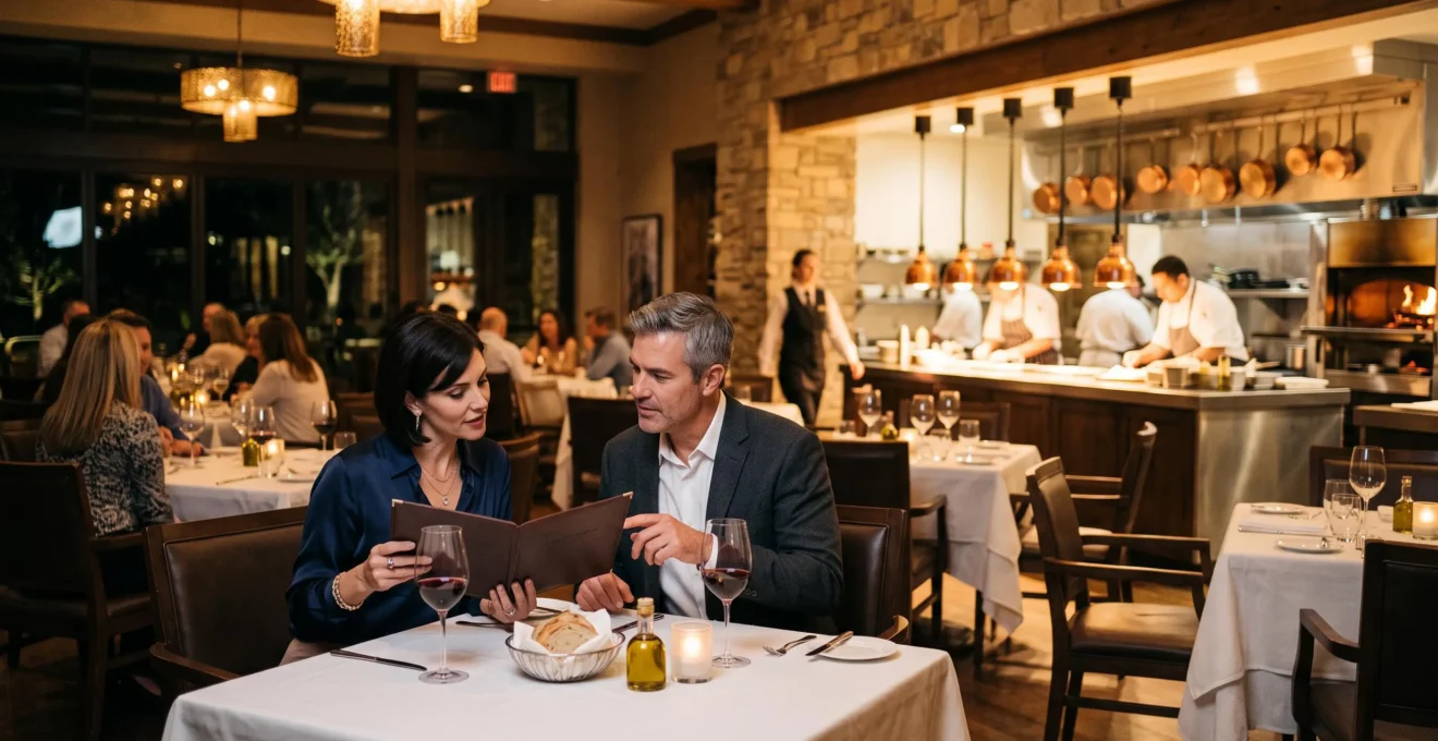 Un couple consulte le menu dans une salle de restaurant gastronomique de resort, avec une cuisine ouverte en arrière-plan.