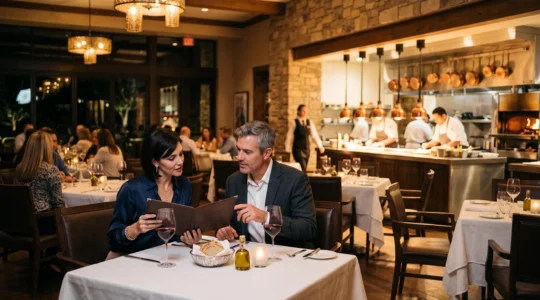 Un couple consulte le menu dans une salle de restaurant gastronomique de resort, avec une cuisine ouverte en arrière-plan.