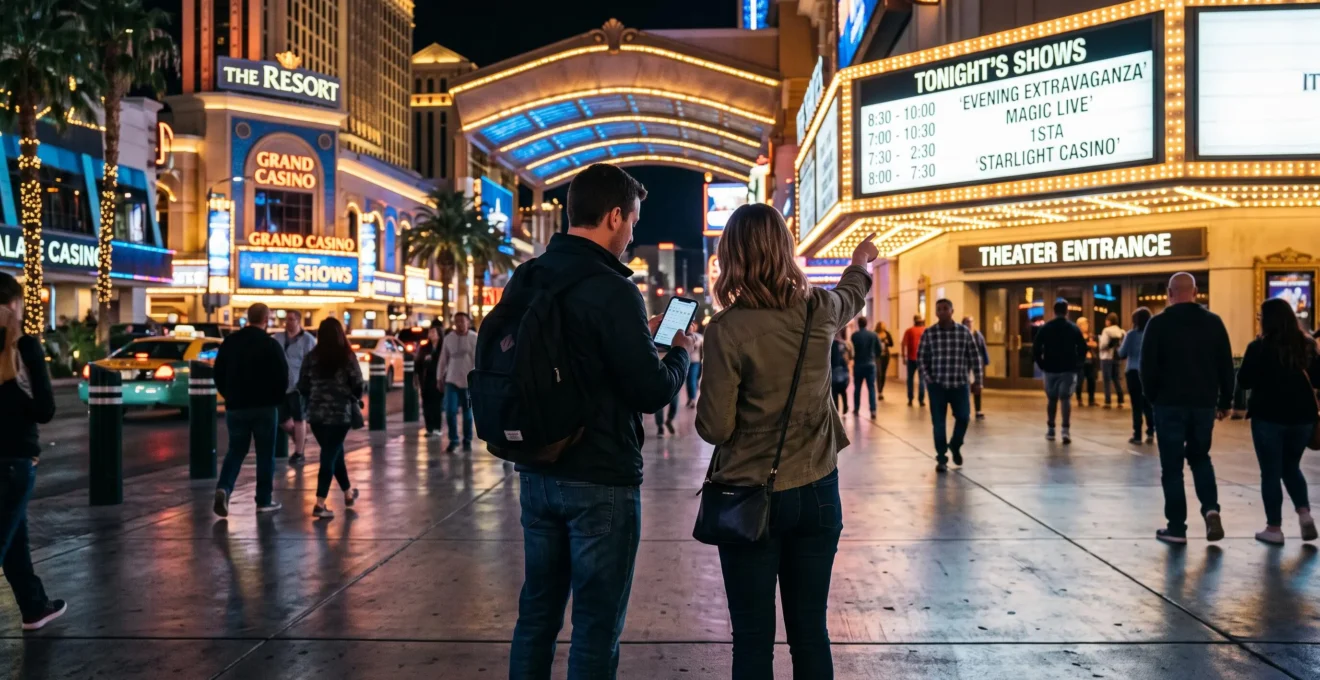 Un couple de touristes de nuit devant des affiches lumineuses de salles de spectacles, comparant les programmations sur un smartphone.