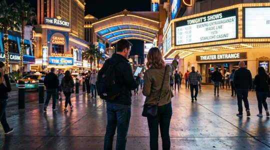 Un couple de touristes de nuit devant des affiches lumineuses de salles de spectacles, comparant les programmations sur un smartphone.