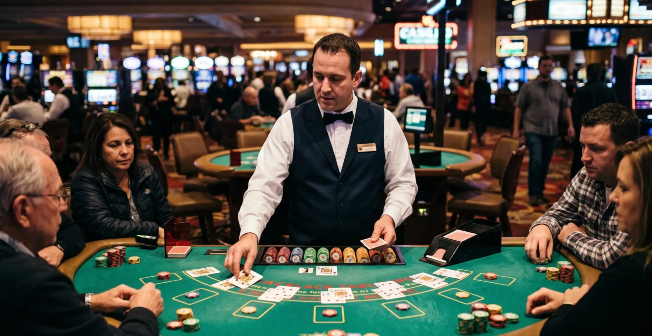 Un croupier professionnel en gilet sombre distribue des cartes à une table de blackjack entourée de joueurs dans un casino au sol animé.