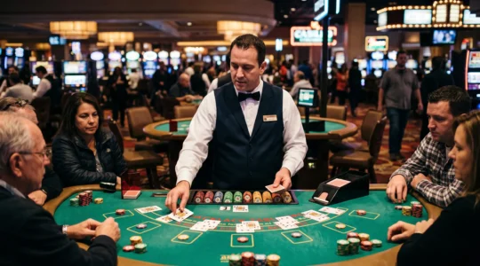 Un croupier professionnel en gilet sombre distribue des cartes à une table de blackjack entourée de joueurs dans un casino au sol animé.