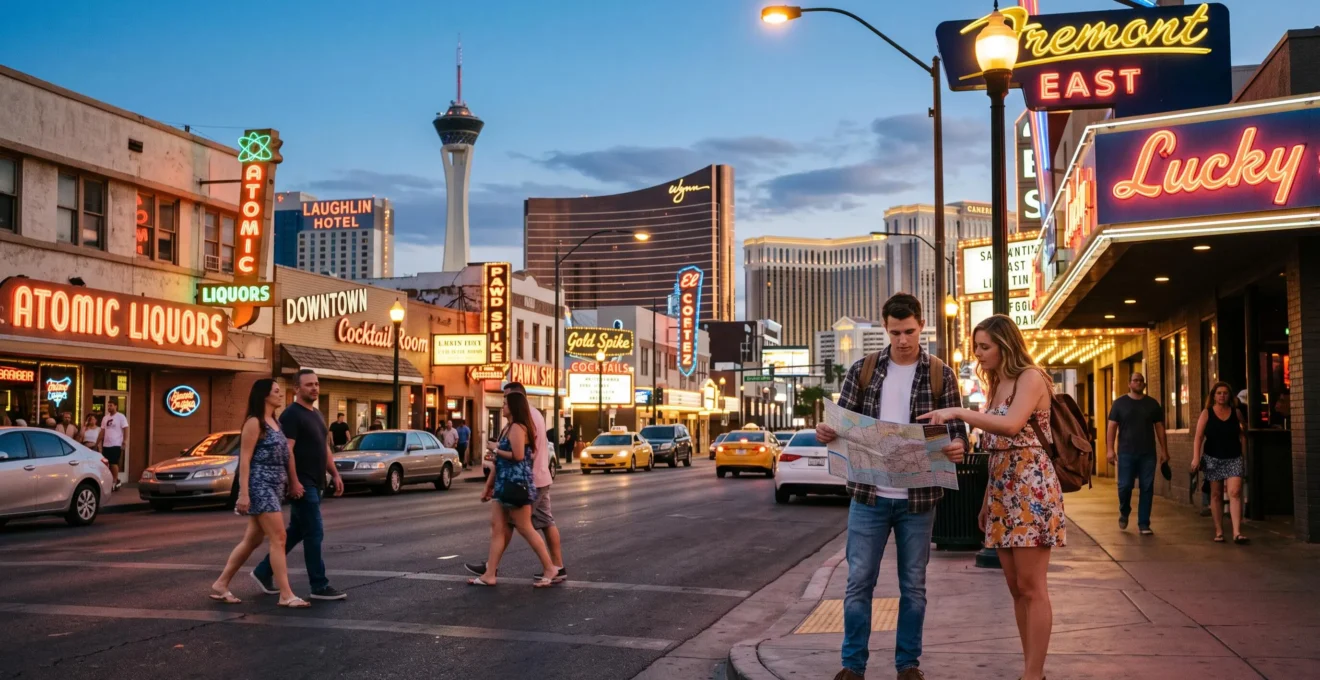 Une rue animée du centre-ville historique de Las Vegas au crépuscule, avec des enseignes anciennes allumées et, au loin, les tours du Strip.