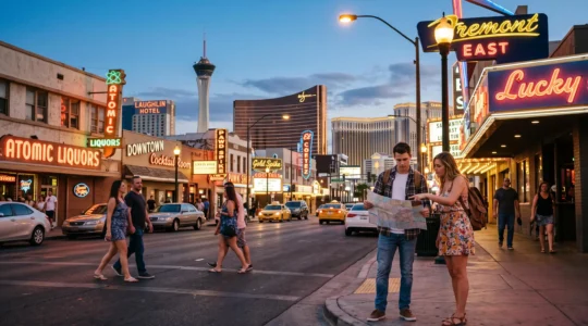 Une rue animée du centre-ville historique de Las Vegas au crépuscule, avec des enseignes anciennes allumées et, au loin, les tours du Strip.