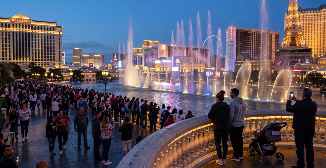 Foule de visiteurs massée le long d'une balustrade au crépuscule pour regarder un spectacle de jets d'eau illuminés devant un grand lac urbain entouré de tours d'hôtels.