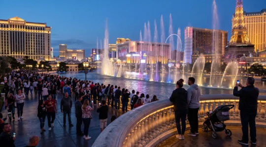 Foule de visiteurs massée le long d'une balustrade au crépuscule pour regarder un spectacle de jets d'eau illuminés devant un grand lac urbain entouré de tours d'hôtels.