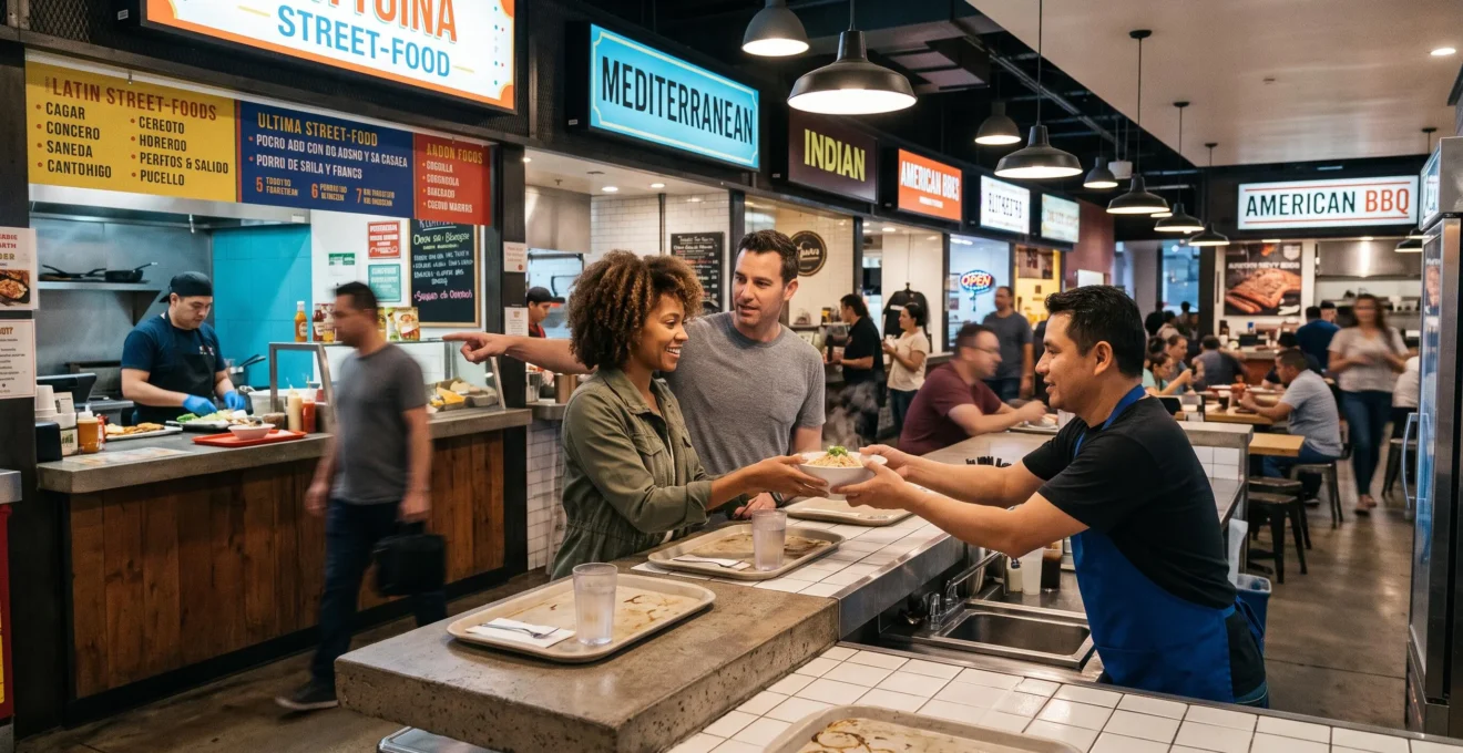 Des voyageurs reçoivent des plats de différentes cuisines du monde dans un food hall animé d'un complexe de Las Vegas.