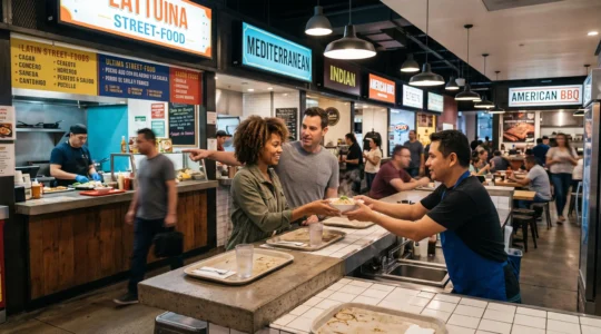 Des voyageurs reçoivent des plats de différentes cuisines du monde dans un food hall animé d'un complexe de Las Vegas.
