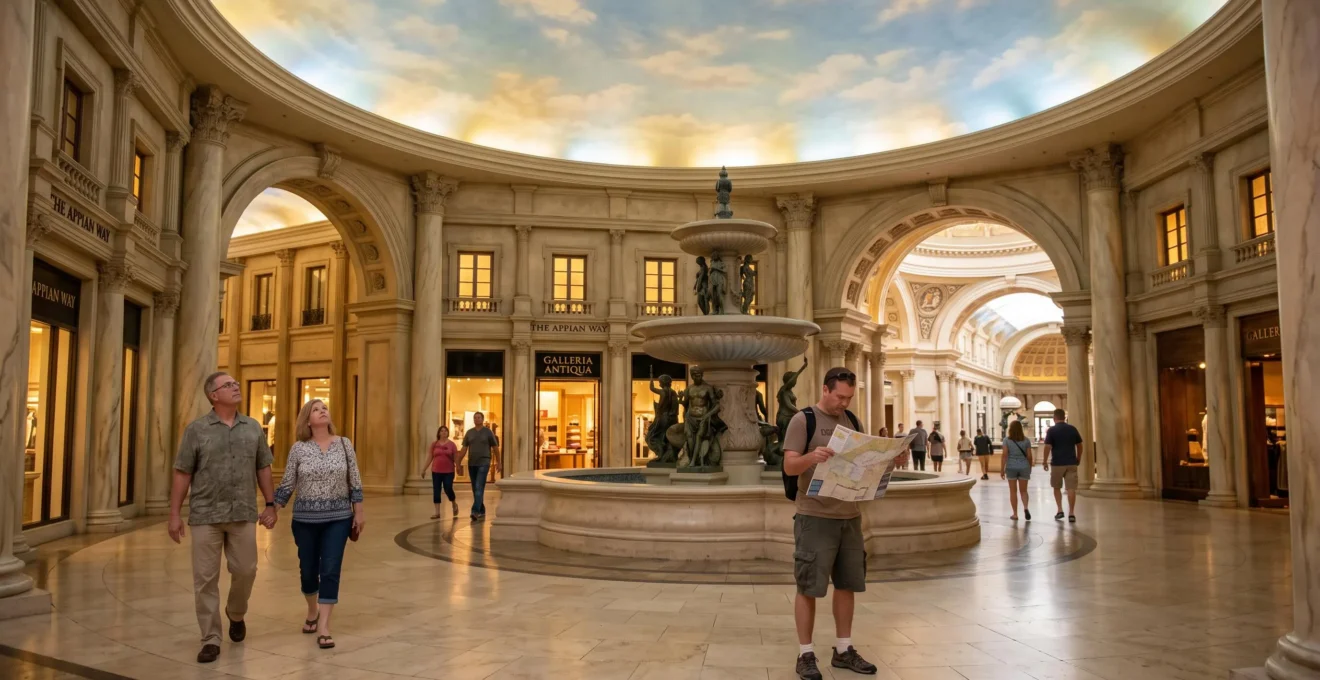 Des visiteurs traversent une grande galerie marchande thématisée au plafond peint en ciel, sans sacs de shopping, en observant le décor.