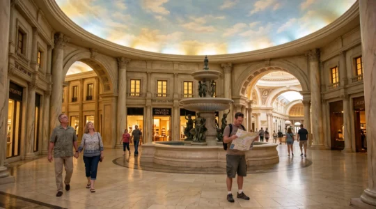 Des visiteurs traversent une grande galerie marchande thématisée au plafond peint en ciel, sans sacs de shopping, en observant le décor.