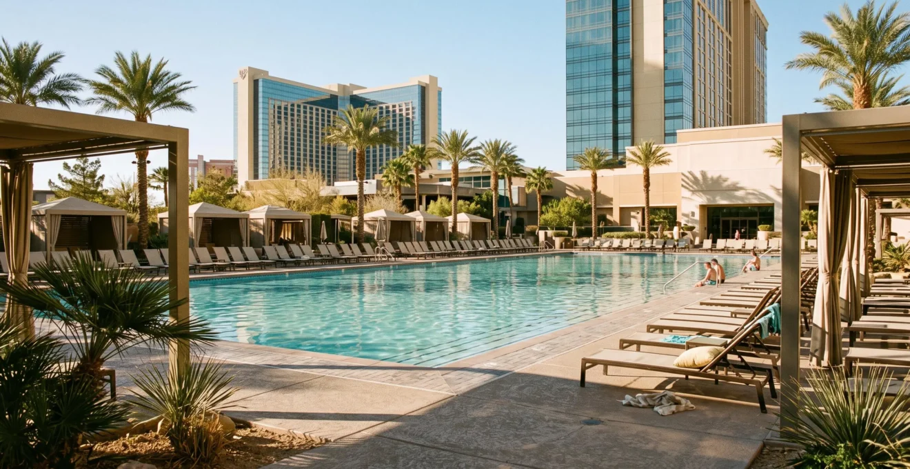Une grande piscine de resort à Las Vegas au petit matin, avec des transats vides, des cabanas et des tours d'hôtel en arrière-plan sous un ciel désertique.