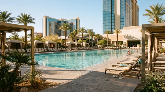 Une grande piscine de resort à Las Vegas au petit matin, avec des transats vides, des cabanas et des tours d'hôtel en arrière-plan sous un ciel désertique.