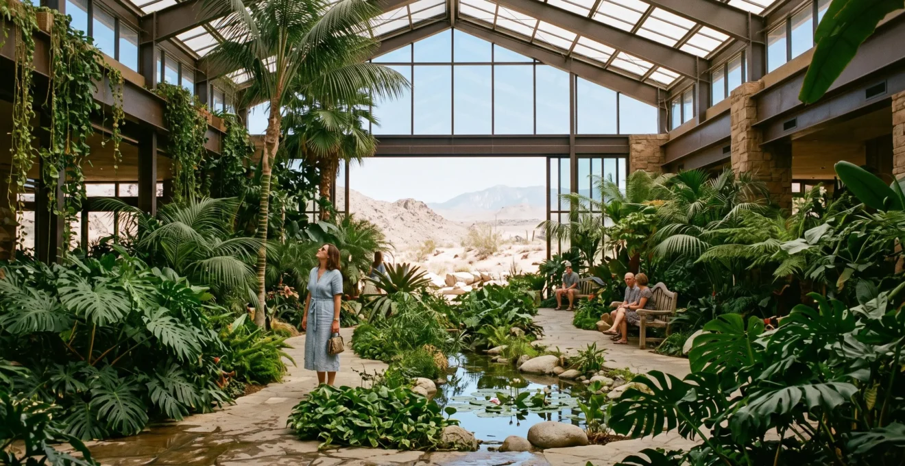 Un jardin tropical luxuriant sous verrière à l'intérieur d'un resort de Las Vegas, avec des visiteurs assis près d'un plan d'eau et le désert visible à travers les baies vitrées.