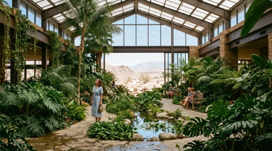 Un jardin tropical luxuriant sous verrière à l'intérieur d'un resort de Las Vegas, avec des visiteurs assis près d'un plan d'eau et le désert visible à travers les baies vitrées.