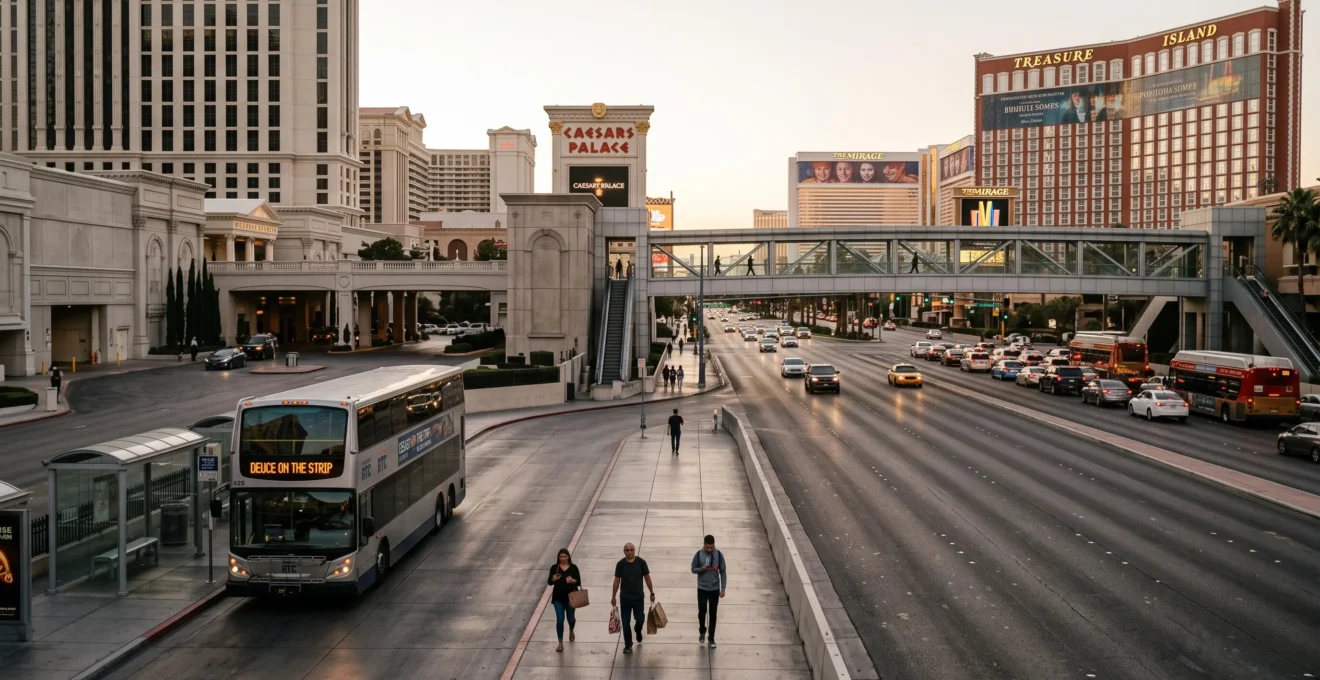 Le boulevard Las Vegas Boulevard s'étendant au loin avec des piétons sur le trottoir, un bus à l'arrêt et une passerelle piétonne en arrière-plan.