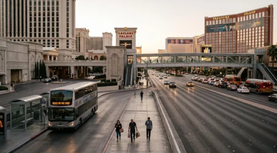 Le boulevard Las Vegas Boulevard s'étendant au loin avec des piétons sur le trottoir, un bus à l'arrêt et une passerelle piétonne en arrière-plan.