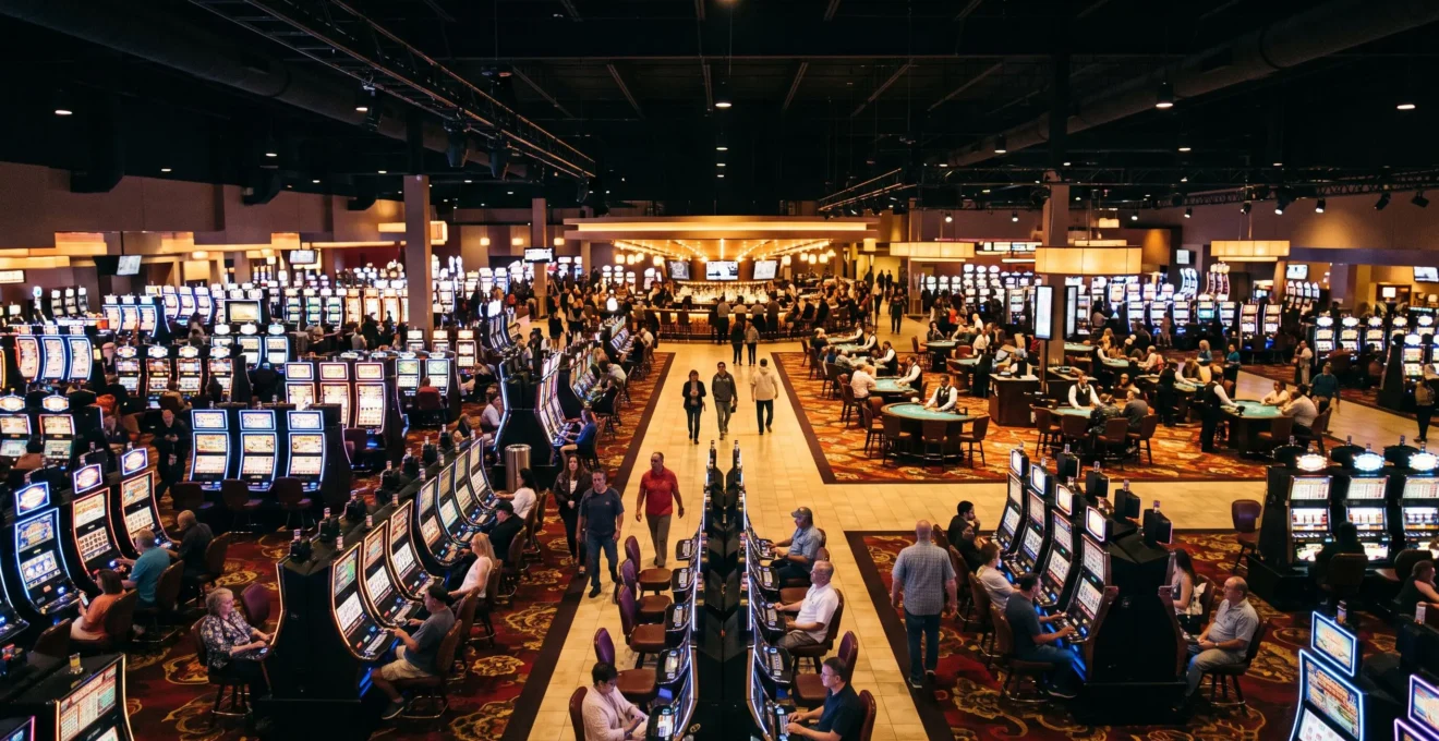 Vue d'ensemble d'une salle de casino avec des rangées de machines à sous le long des allées principales et des tables de jeu en retrait.
