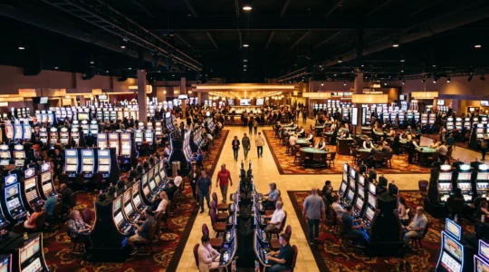 Vue d'ensemble d'une salle de casino avec des rangées de machines à sous le long des allées principales et des tables de jeu en retrait.