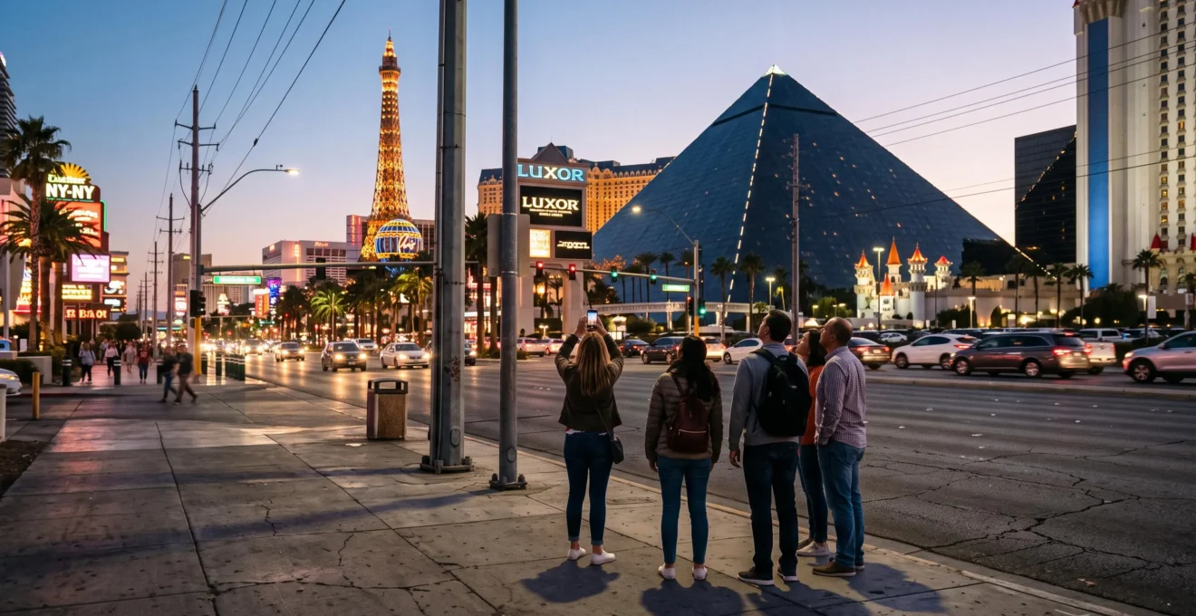 Des passants photographient au crépuscule les façades illuminées des resorts themed le long d'un large boulevard désertique.