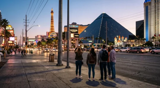 Des passants photographient au crépuscule les façades illuminées des resorts themed le long d'un large boulevard désertique.