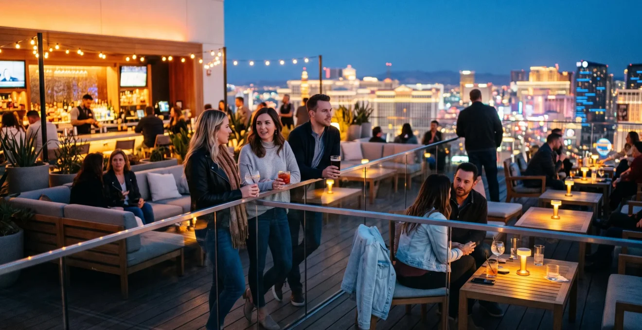Des clients attablés au barreau d'une terrasse panoramique en hauteur contemplent un skyline urbain illuminé au moment de la tombée de la nuit.