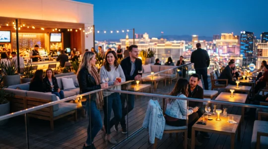 Des clients attablés au barreau d'une terrasse panoramique en hauteur contemplent un skyline urbain illuminé au moment de la tombée de la nuit.