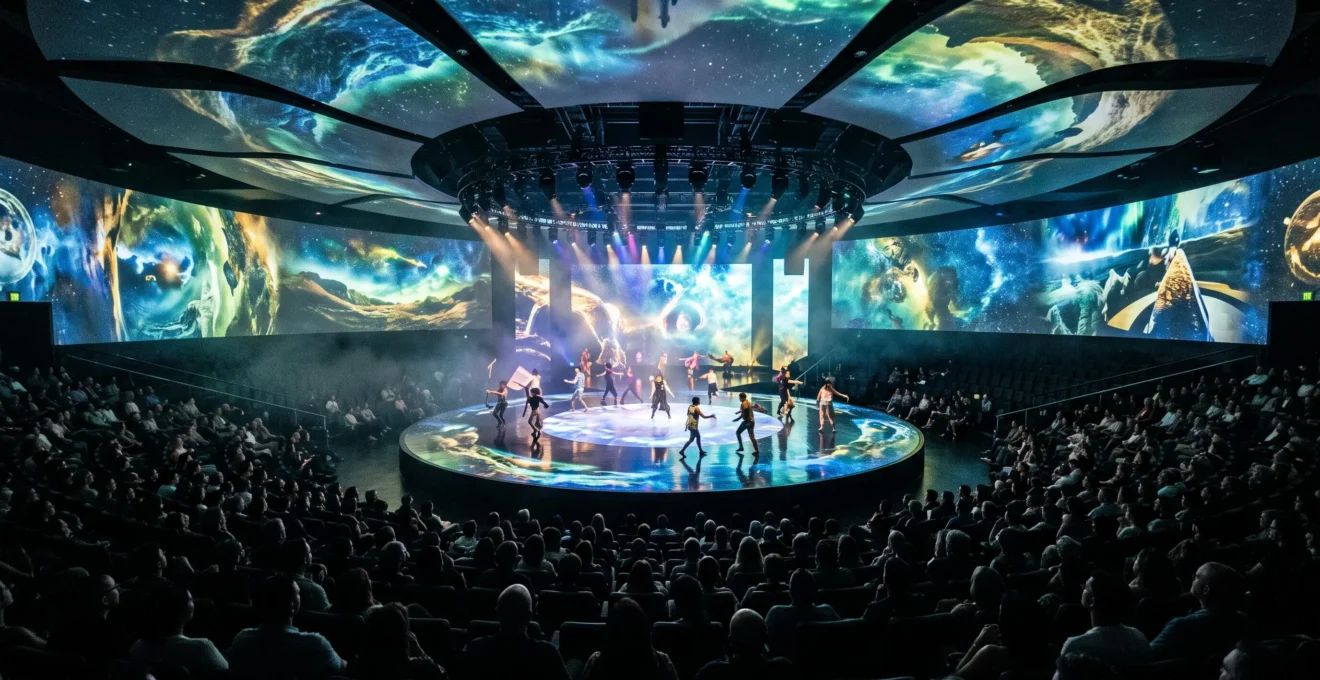 Vue large d'une salle de spectacle immersive où des projections vidéo couvrent la scène, les murs et le plafond pendant que le public assiste au show.