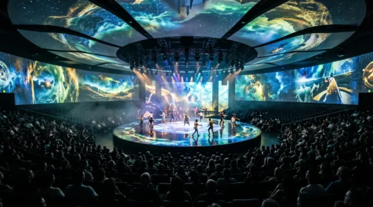 Vue large d'une salle de spectacle immersive où des projections vidéo couvrent la scène, les murs et le plafond pendant que le public assiste au show.