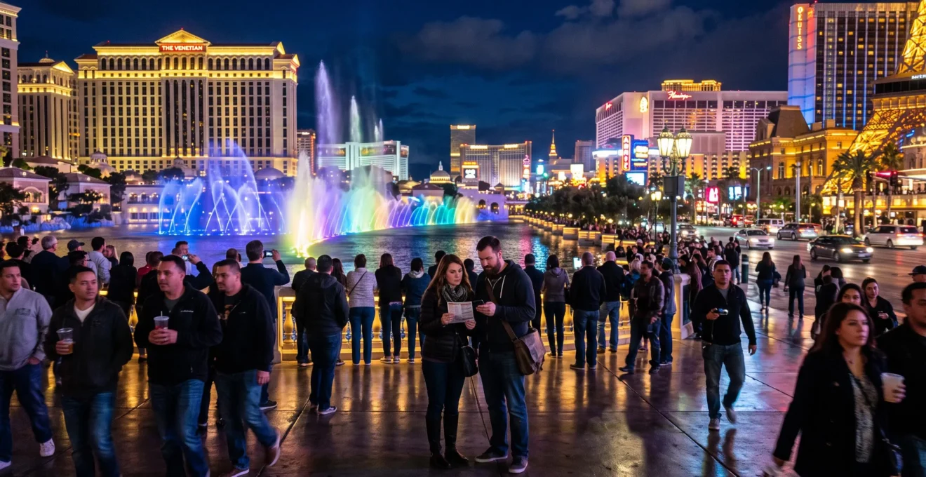 Des visiteurs regardent un spectacle de fontaines illuminées la nuit sur un boulevard de casinos animé.