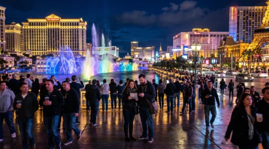 Des visiteurs regardent un spectacle de fontaines illuminées la nuit sur un boulevard de casinos animé.