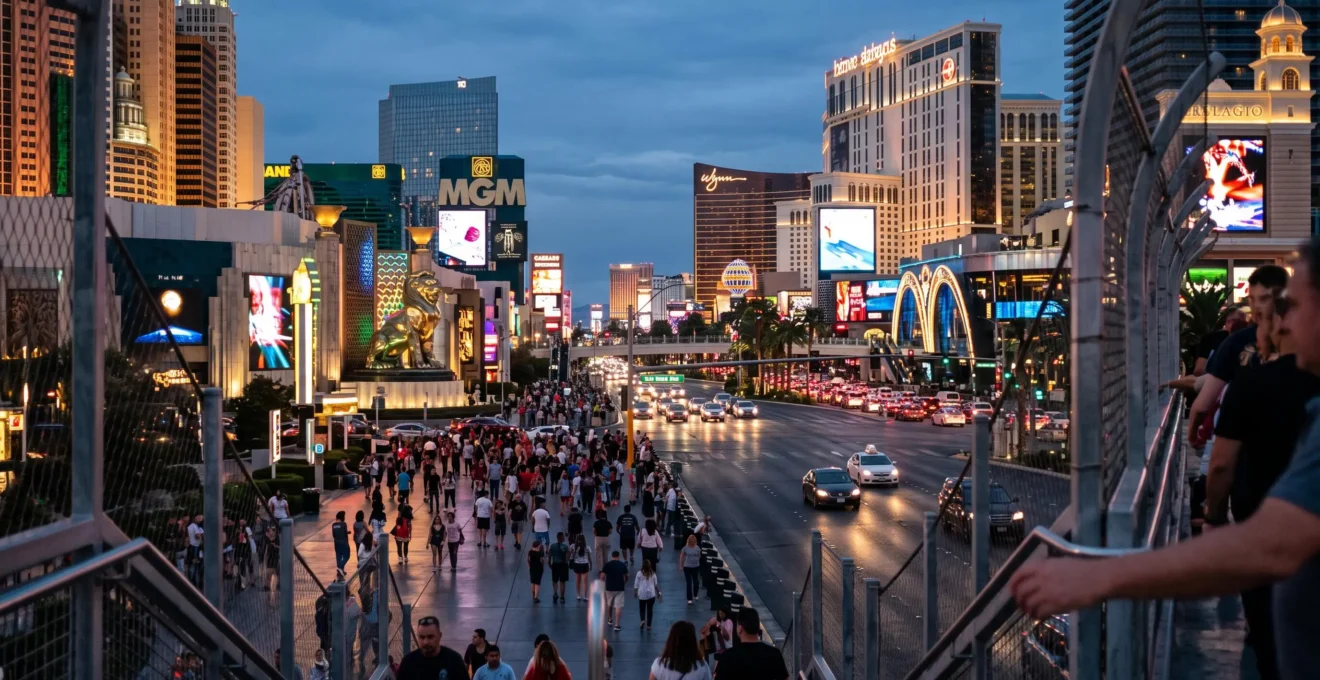 Vue large au crépuscule d'un boulevard bordé de tours de resorts illuminées, avec de nombreux visiteurs marchant sur les trottoirs de Las Vegas.