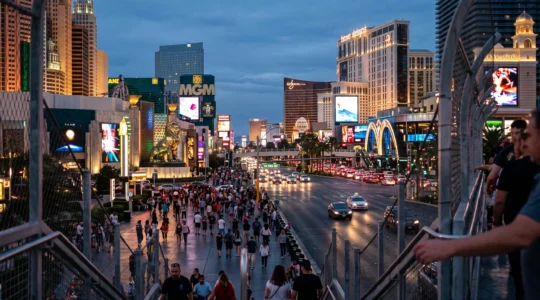 Vue large au crépuscule d'un boulevard bordé de tours de resorts illuminées, avec de nombreux visiteurs marchant sur les trottoirs de Las Vegas.