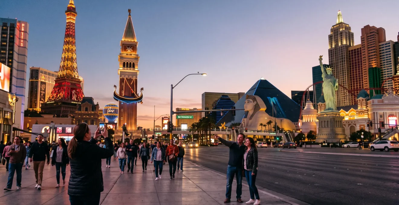 Touristes marchant le long du Strip de Las Vegas au crépuscule devant plusieurs répliques de monuments illuminés