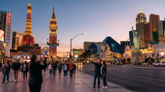 Touristes marchant le long du Strip de Las Vegas au crépuscule devant plusieurs répliques de monuments illuminés