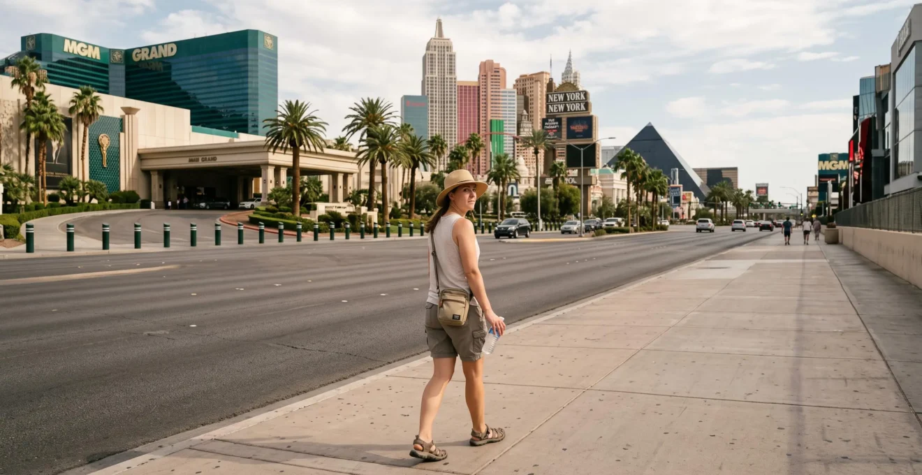 Un touriste marche le long d'un large boulevard bordé d'immenses hôtels-casinos sous un ciel clair, bouteille d'eau à la main.