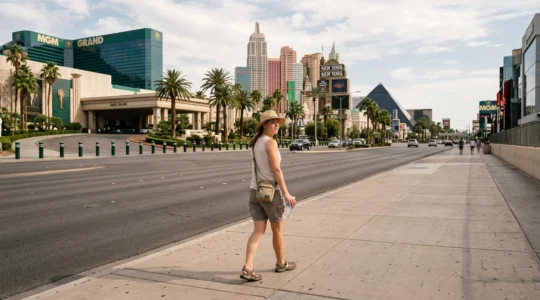 Un touriste marche le long d'un large boulevard bordé d'immenses hôtels-casinos sous un ciel clair, bouteille d'eau à la main.
