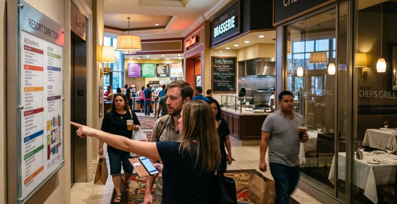 Un couple de touristes consulte le panneau des restaurants d'un resort de Las Vegas, en comparant les différentes formules de restauration disponibles dans le même bâtiment.