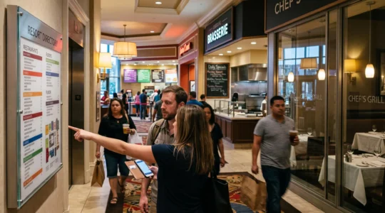 Un couple de touristes consulte le panneau des restaurants d'un resort de Las Vegas, en comparant les différentes formules de restauration disponibles dans le même bâtiment.