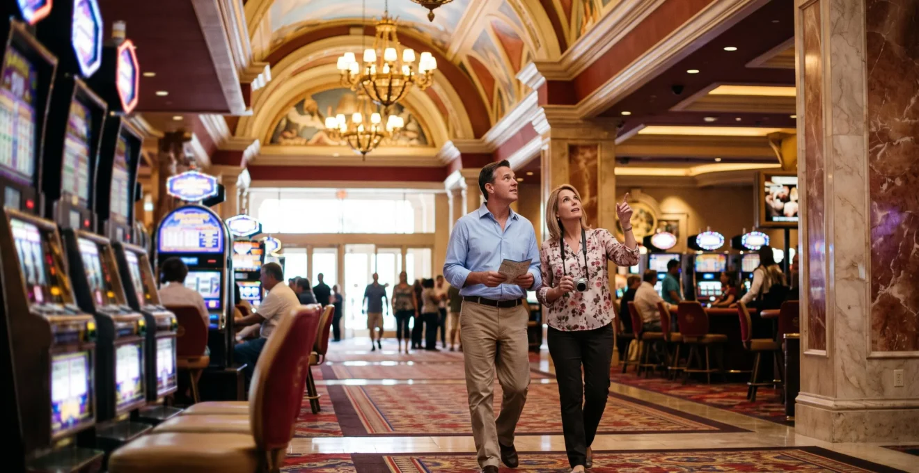 Un couple de touristes traverse le hall d'un grand casino de Las Vegas en observant l'architecture décorée, sans s'arrêter aux machines à sous.