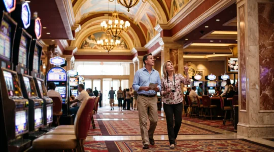 Un couple de touristes traverse le hall d'un grand casino de Las Vegas en observant l'architecture décorée, sans s'arrêter aux machines à sous.