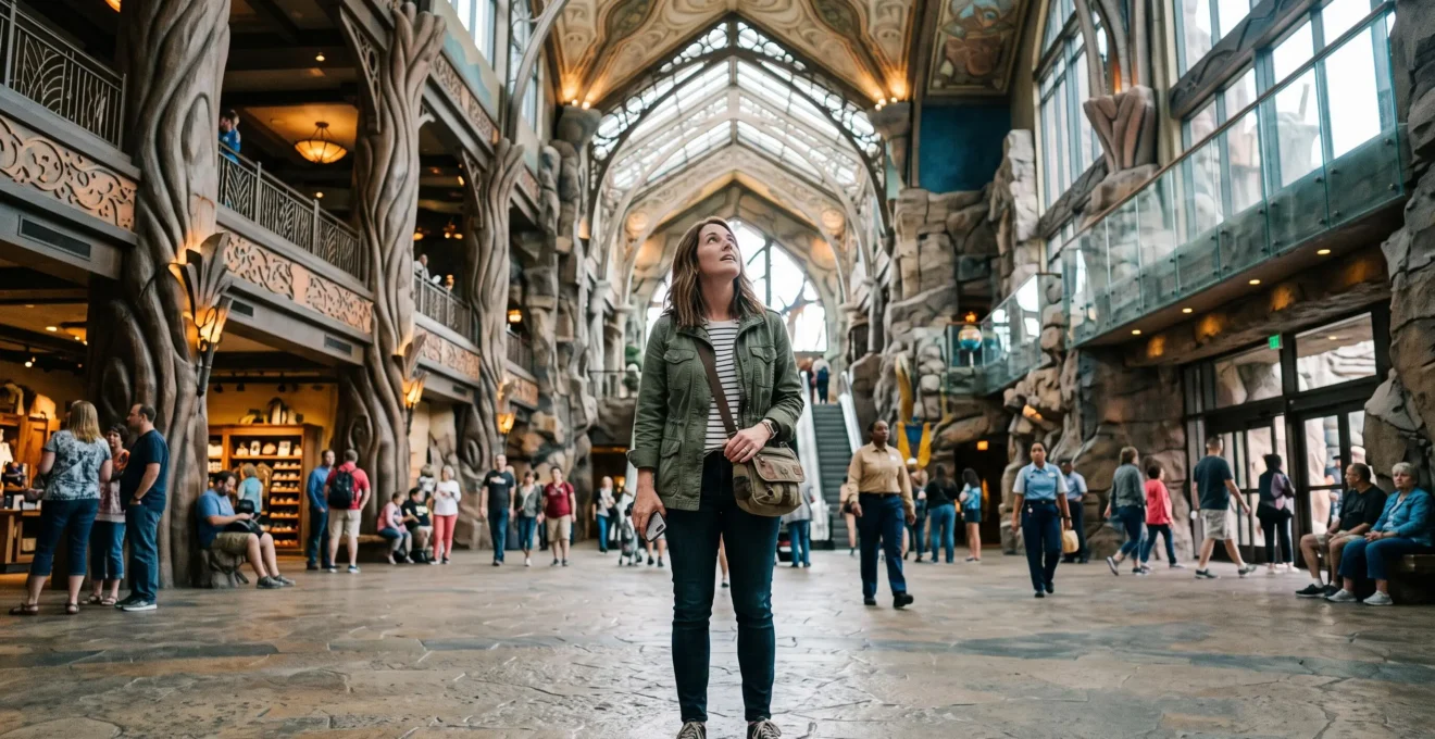 Un visiteur traverse à pied l'immense galerie publique d'un complexe hôtelier à thème en levant les yeux vers son architecture monumentale.