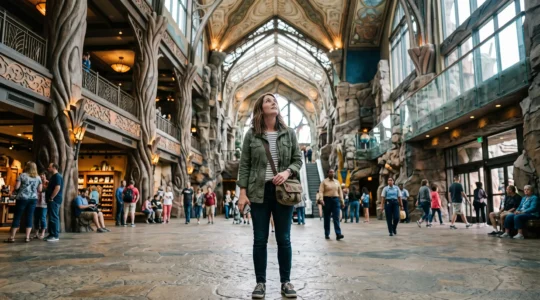 Un visiteur traverse à pied l'immense galerie publique d'un complexe hôtelier à thème en levant les yeux vers son architecture monumentale.
