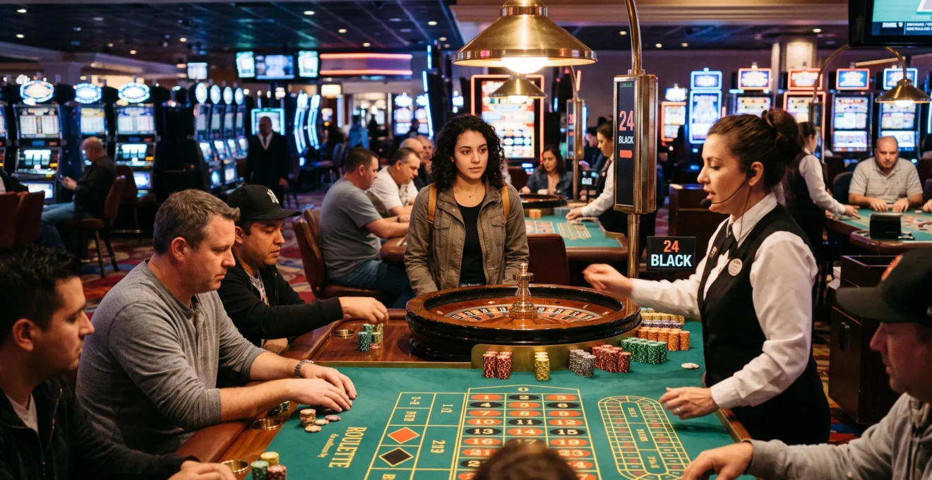 Un visiteur observe une partie de roulette depuis l'arrière d'une table de casino animée, entourée de joueurs et de jetons, avec les machines à sous en arrière-plan.