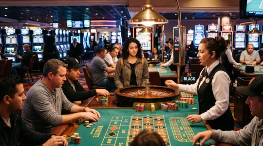 Un visiteur observe une partie de roulette depuis l'arrière d'une table de casino animée, entourée de joueurs et de jetons, avec les machines à sous en arrière-plan.